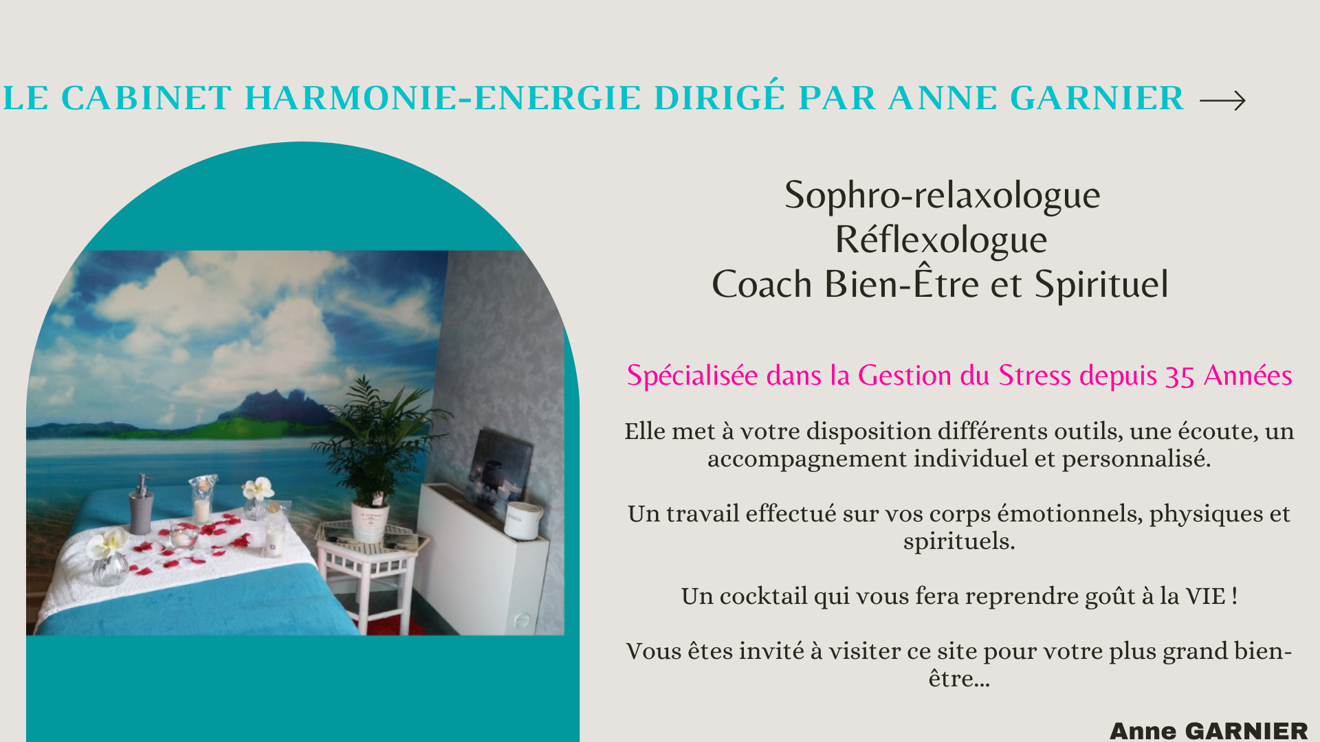 Le cabinet harmonie energie dirige par anne garnier sophro relaxologue reflexologue coach bien etre et spirituel specialisee dans la gestion du stress depuis 35 annees elle met a v